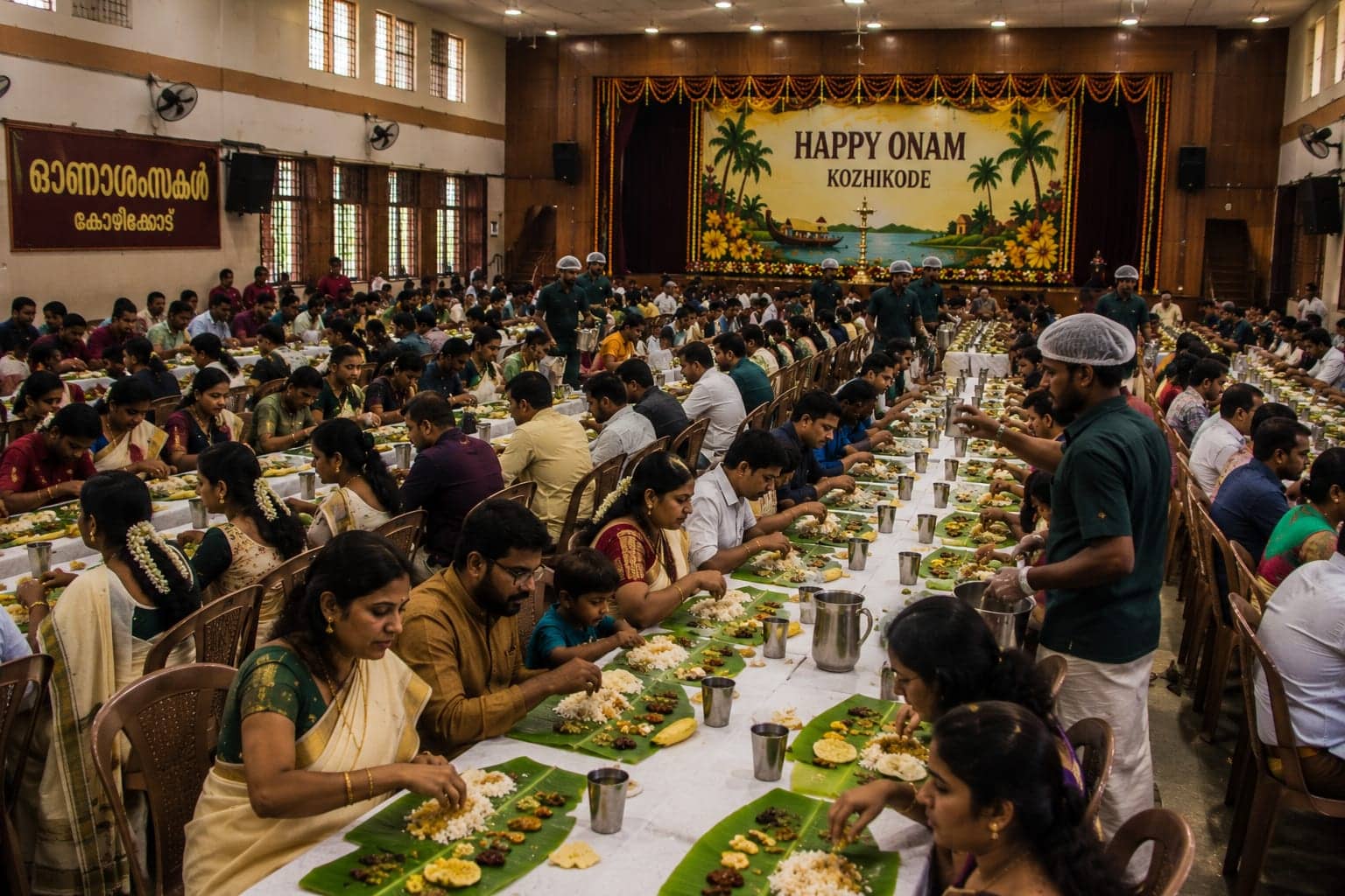 Long rows of diners sit cross-legged before banana leaves piled with a traditional Onam feast.