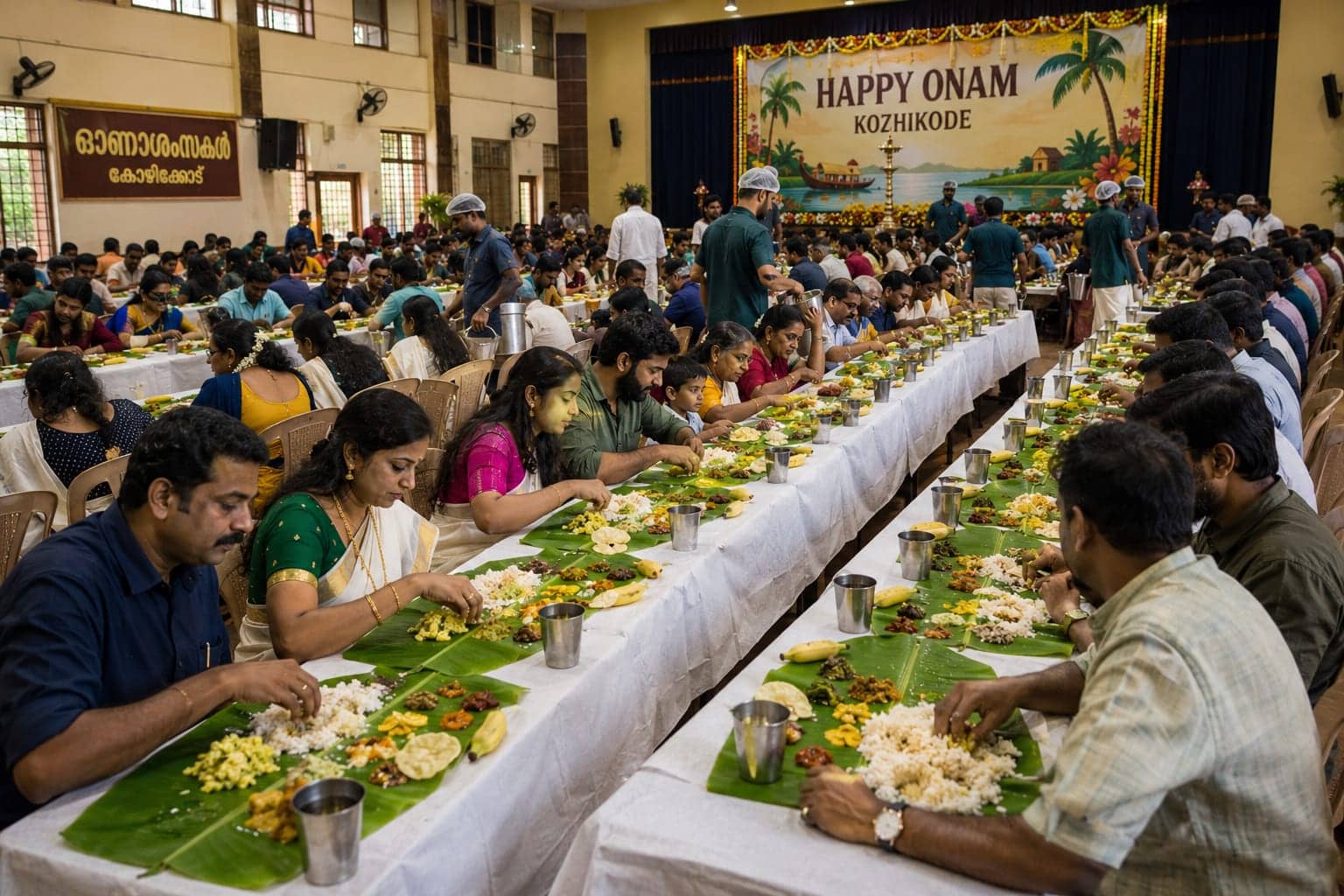 Long rows of people seated together at a community Onasadya during a previous Onam in Kozhikode, eating from banana leaves at trestle tables beneath a Happy Onam banner
