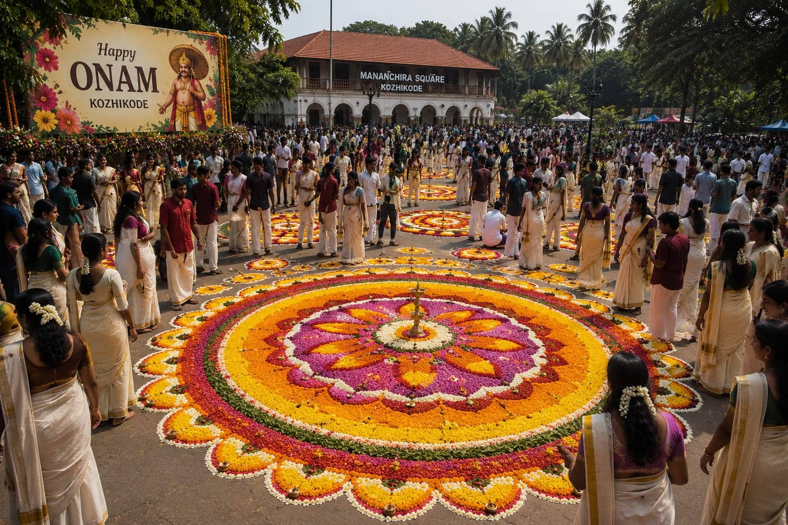 Volunteers crouch to arrange rings of orange and pink flower petals into a large pookalam on a paved square.