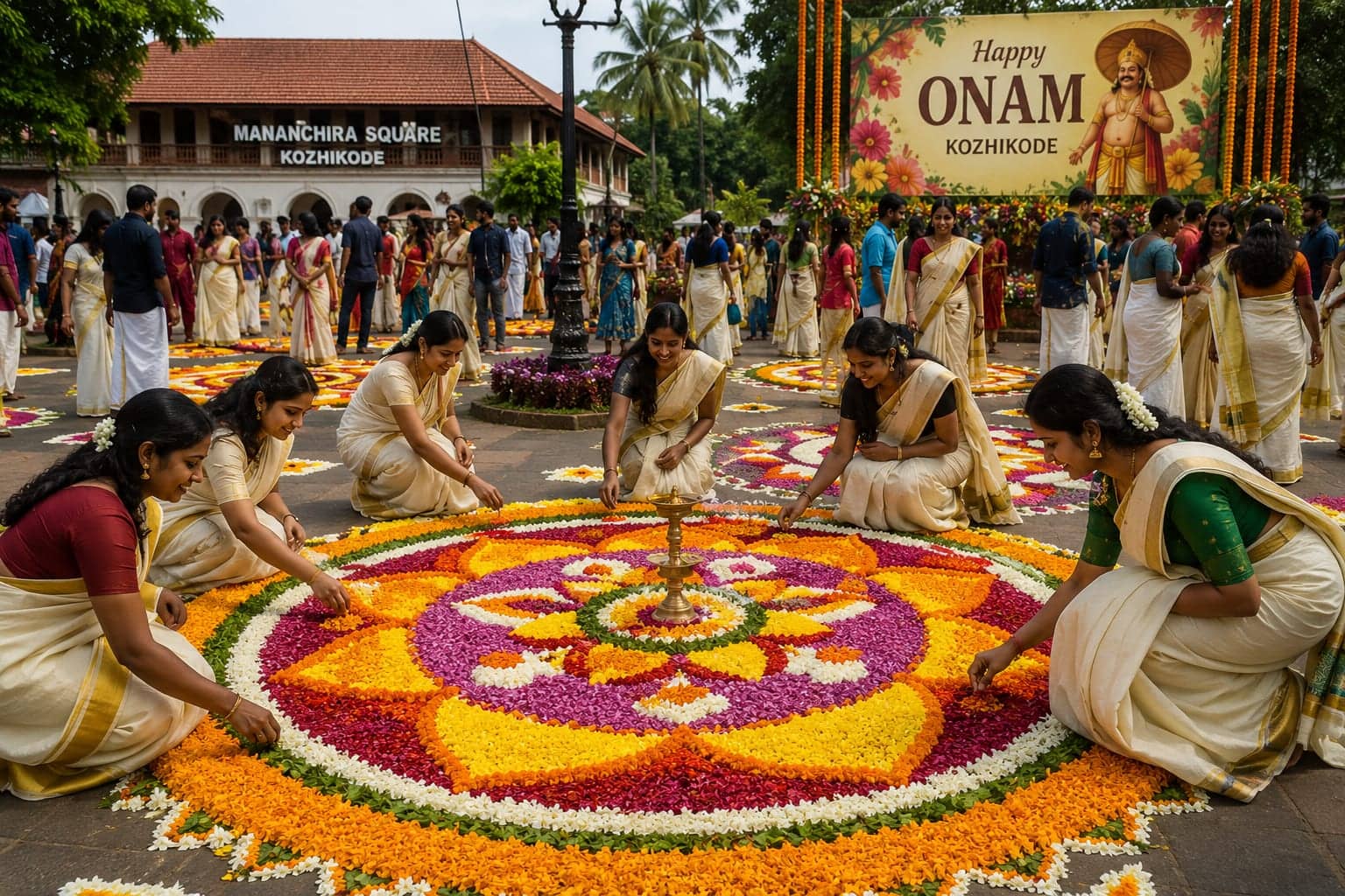 A crowd rings a nearly finished flower pookalam laid out across an open square in front of a colonial-era building.