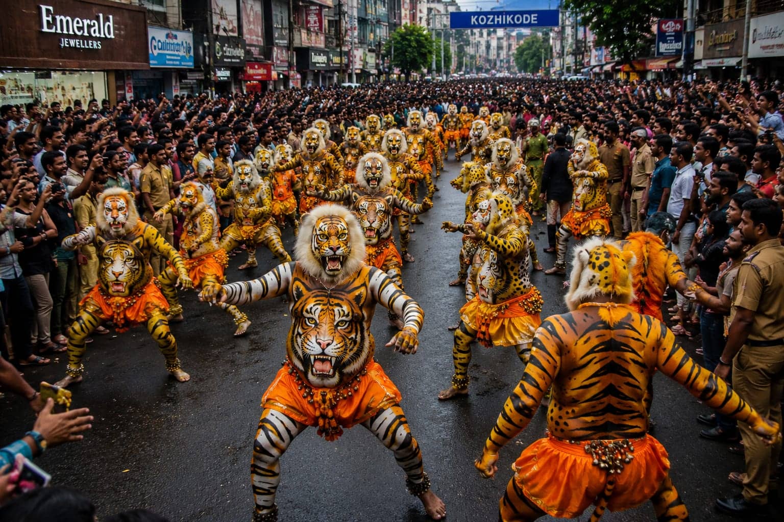 Dancers painted as tigers pose in a tight group, their orange and black body paint and grass skirts catching the light.