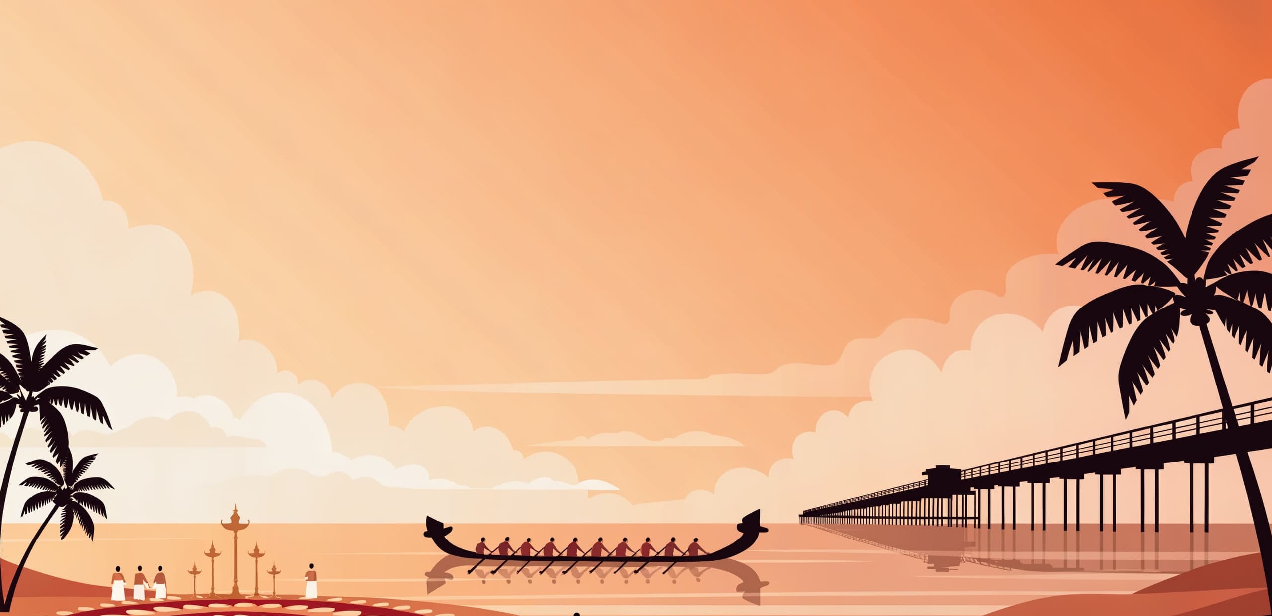 An illustration of the Kozhikode shore at golden hour during Onam: the historic iron pier reaching out over calm water, a chundan vallam snake boat with a full row of rowers, and on the sand a circular pookalam of marigold and crimson petals with figures in white and gold kasavu beside tall brass lamps, under a warm amber sky